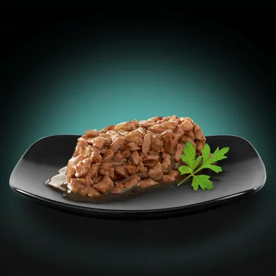 Portion of wet food in gravy on a black plate, garnished with a parsley leaf.
