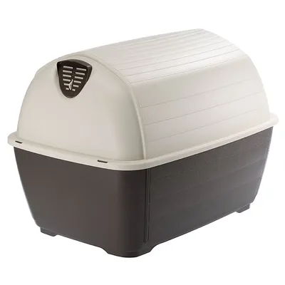 Toaletă pentru pisici cu capac, din plastic, partea de jos maro închis și capac crem, prevăzută cu grilaj de ventilație frontal.