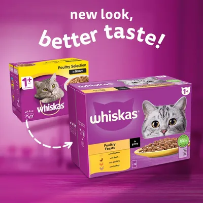 Whiskas Poultry Feasts in Gravy macskaeledel doboz, 1+ év, csirke, kacsa, baromfi, pulyka. Felirat: new look, better taste! Régi és új csomagolás látható.