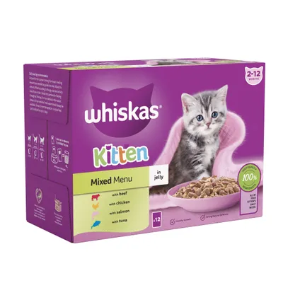 Whiskas Kitten Mixed Menu in jelly, suitable for 2-12 months, includes beef, chicken, salmon and tuna varieties. Contains 12 portions. Made with 100% ingredients for daily needs.