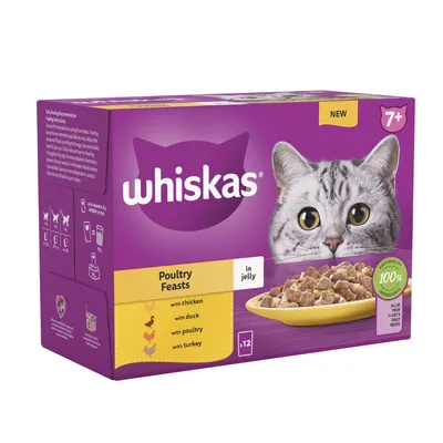 Box showing Whiskas Poultry Feasts in jelly, 12 servings with chicken, duck, poultry and turkey, suitable for age 7+, made with 100% high quality ingredients.