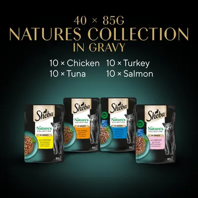 Sheba Nature’s Collection in Gravy, 40 x 85g pouches: 10 chicken, 10 tuna, 10 turkey, 10 salmon. Product image shows four pouch varieties with visible flavours.