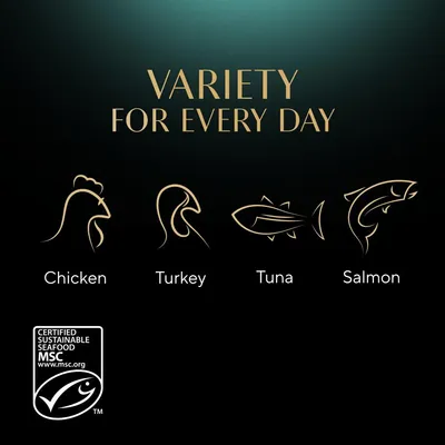 Variety for every day with chicken, turkey, tuna and salmon. Includes MSC certified sustainable seafood logo.