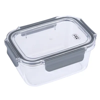 Transparente opbergbox met grijze sluitingen en TiCK-logo op het deksel.