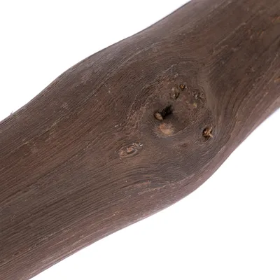 Nahaufnahme eines dunklen Holzstücks mit natürlicher Maserung und Astlöchern, geeignet für Dekoration oder Tierzubehör.