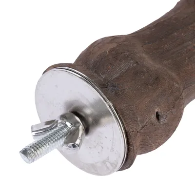 Wood piece with metal plate and screw, suitable for fastening or assembly purposes.