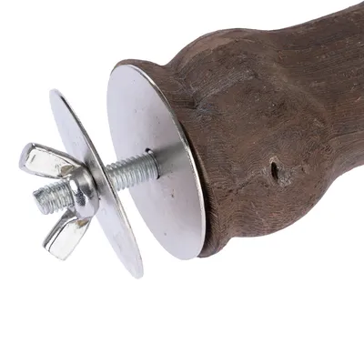 Wooden rod with metal fitting, wing screw and washer visible for mounting purposes.
