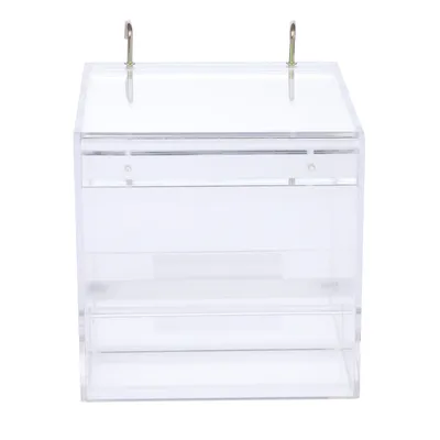 Transparent acrylic container with two metal hooks for attachment, suitable for storage or display.