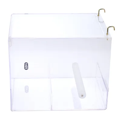 Transparent plastic box with two gold hooks and a white rod inside. KD logo visible on the box.