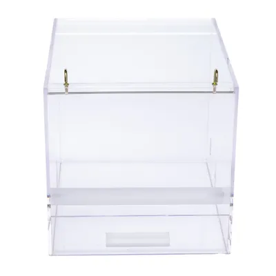 Transparent acrylic container with a rectangular shape and two gold-coloured hinges on top. Suitable for storing or displaying items.