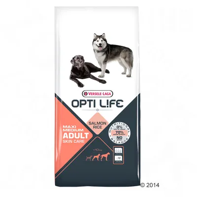 Опаковка Versele-Laga Opti Life Maxi Medium Adult Skin Care, Salmon Rice, за кучета над 10 кг. 0% царевица или пшеница, 70% животински протеин, без глутен. Два вида кучета на опаковката.