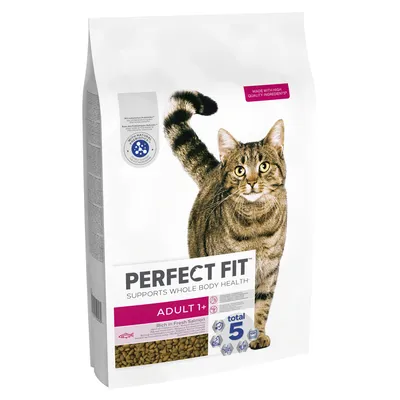 Bag labelled 'Perfect Fit', supports whole body health, adult 1+, rich in fresh salmon, made with high quality ingredients, total 5 benefits icons shown.