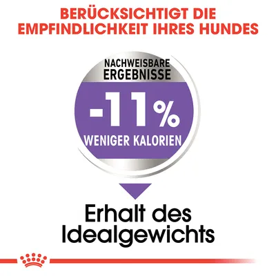 Berücksichtigt die Empfindlichkeit Ihres Hundes. Nachweisbare Ergebnisse: -11% weniger Kalorien. Erhalt des Idealgewichts.