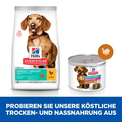 Hill's Science Plan Perfect Weight Trockenfutter mit Huhn und Nassfutter mit Truthahn für kleine und Mini-Hunde bis 10 kg. Probieren Sie unsere köstliche Trocken- und Nassnahrung aus.