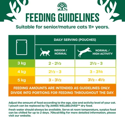 Feeding guidelines for senior cats 11+ years: daily pouches by weight and activity. 3kg: 2-2½ indoor, 2½-3 active; 4kg: 2½-3 indoor, 3-3¾ active; 5kg: 3-3½ indoor, 3½-4½ active.