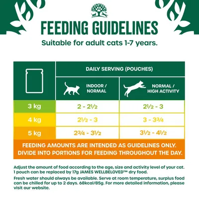 Feeding guidelines for adult cats 1-7 years: 3kg cat, 2-2.5 pouches indoor or 2.5-3 high activity; 4kg, 2.5-3 indoor or 3-3.75 high activity; 5kg, 2.75-3.5 indoor or 3.5-4.5 high activity.