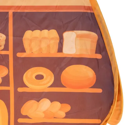 Illustration von verschiedenen Backwaren wie Brot, Brötchen, Bagel und Baguette auf Regalen. Keine weiteren Informationen sichtbar.
