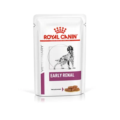 Royal Canin Veterinary Early Renal comida húmida para cães, pedaços finos em molho. Embalagem mostra cão e nome do produto.