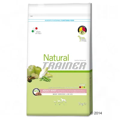 Sac Natural Trainer Super Premium Adult Maxi, 3 kg, pentru rase mari peste 30 kg. Text vizibil: Made in Italy, Functional Food, NPS, imagini cu mere verzi și mazăre.