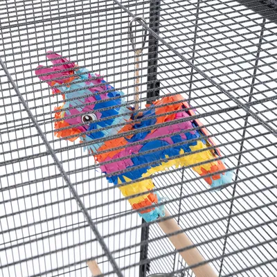 Jouet suspendu en forme d’âne coloré à franges, accroché dans une cage métallique pour oiseaux ou petits animaux. Crochet métallique visible en haut du jouet.