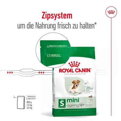 Royal Canin Mini Ageing 12+ z Zip-System za svežino, easyopen & freshpack. Velikosti: 800g, 1,5kg, 3,5kg. Podpira vzdrževanje teže in vitalnost pri majhnih psih od 12 let.