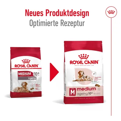 Royal Canin Medium Ageing 10+ mit neuem Produktdesign und optimierter Rezeptur. Unterstützt Muskelmasse und Vitalität bei Hunden ab 10 Jahren.