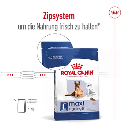 Royal Canin Maxi Ageing 8+ mit Zip-System für Frische, easyopen & freshpack. Grösse L, 3 kg. Unterstützt Verdauung und Vitalität älterer Hunde.