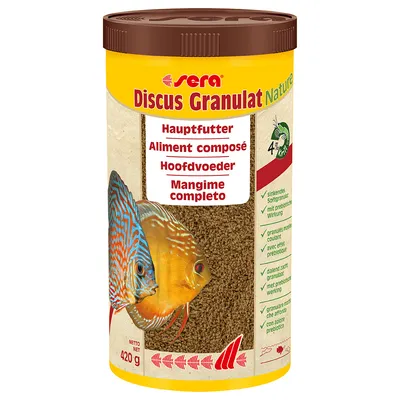 Sera Discus Granulat Nature, hlavní krmivo pro terčovce, 420g. Potápivé granule s prebiotickým účinkem. Čistá hmotnost: 420g.