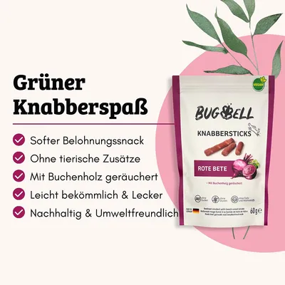 BugBell Knabbersticks rdeča pesa, veganski. Mehak priboljšek, brez živalskih dodatkov, dimljen z bukovim lesom, lahko prebavljiv in okusen, trajnosten in okolju prijazen.