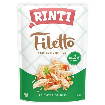 Sachet Rinti Filetto Feines Huhnfilet, mit Gemüse in Jelly, Leichter Genuss, 100 g. Image montre morceaux de filet de poulet avec légumes visibles sur l'emballage.