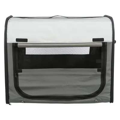 Transportbox aus grauem Stoff mit Netzfenster und Reißverschluss, geeignet für Haustiere. Rechteckige Form mit Tragegriff oben.