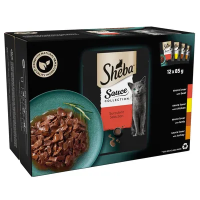 Sheba Sauce Collection Succulent Selection, 12 x 85g. Includes beef, chicken, lamb and turkey varieties. Made with natural quality ingredients. Image shows food in sauce on a plate.