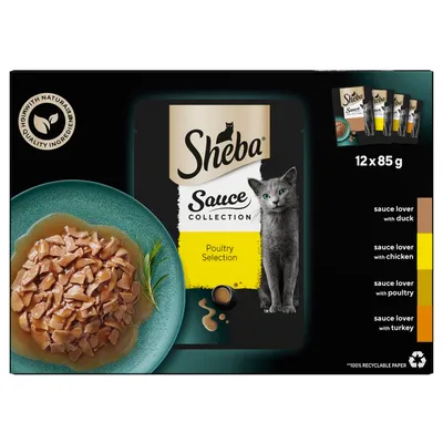 Sheba Sauce Collection Poultry Selection, 12 x 85g. Includes sauce lover with duck, chicken, poultry, and turkey. High with natural quality ingredients. 100% recyclable paper.