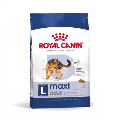 Royal Canin Maxi Adult, size L, for dogs from 15 months and 26-44 kg. Supports digestive health. Shown: German Shepherd.