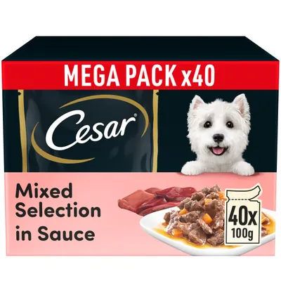 Mega pack of Cesar mixed selection in sauce, 40 pouches of 100g each, shown with food pieces and sauce on a plate.