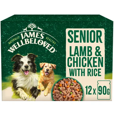 Senior lamb and chicken with rice, 12 packs of 90g each. Image shows food pieces in a bowl and product branding.