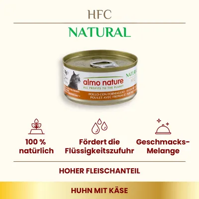 Almo Nature HFC Natural Nassfutter, Huhn mit Käse. 100% natürlich, hoher Fleischanteil, fördert Flüssigkeitszufuhr, Geschmacks-Melange.