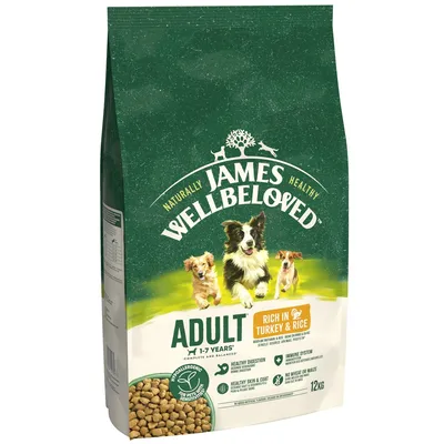 James Wellbeloved Adult 1-7 Years, rich in turkey and rice, hypoallergenic dry food for sensitive digestion, healthy skin and coat, no wheat or maize, 12kg bag.
