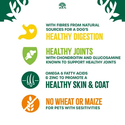 Key features: fibres for healthy digestion, chondroitin and glucosamine for joints, omega 6 and zinc for skin and coat, no wheat or maize for pets with sensitivities.