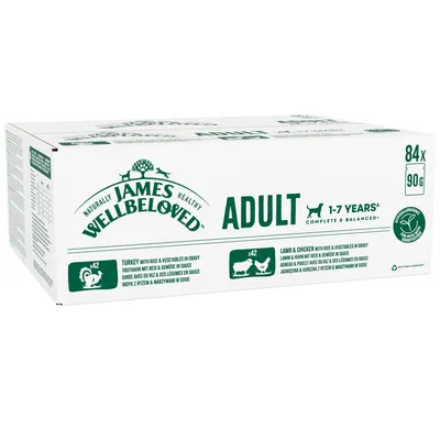 Box of adult pet food for ages 1-7 years, 84 x 90g portions. Contains turkey with rice and vegetables in gravy, and lamb and chicken with rice and vegetables in gravy.