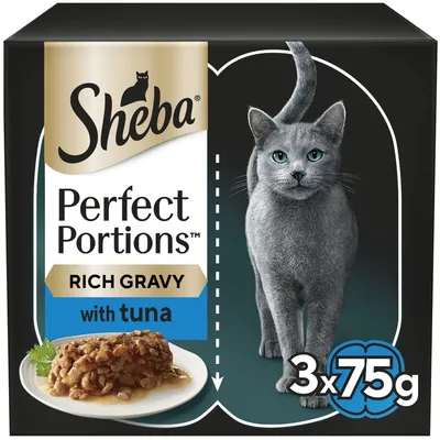 Sheba Perfect Portions Rich Gravy with tuna, 3 x 75g packs shown, image includes a serving suggestion of food on a plate.