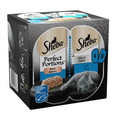 Sheba Perfect Portions Rich Gravy split tray with tuna, pack of 6. Certified sustainable seafood MSC. Snap, peel, and serve instructions shown on side.