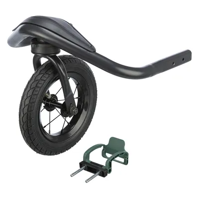 Schwarzes Rad mit Halterung und grünem Adapter, geeignet für Anhänger oder Transportvorrichtungen.