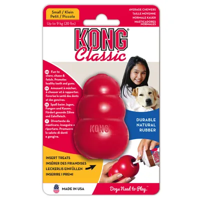 KONG Classic Small for dogs up to 9 kg. Suitable for chasing, catching and chewing. Supports healthy teeth and gums. Made from durable natural rubber. Made in USA.