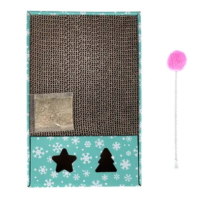 Kratzbrett aus Pappe mit Schneeflocken-Design, Stern- und Baum-Ausschnitten. Enthält Beutel mit Katzenminze und rosa Spielzeugball an Feder.