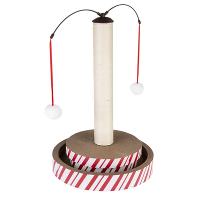 Arbre à chat avec griffoir en sisal, base en carton à rayures rouges et blanches, deux pompons blancs suspendus par des fils rouges.