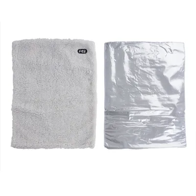 Two sides of a dog blanket: one made of grey, fluffy fabric with Fox logo, the other of silver, reflective material.