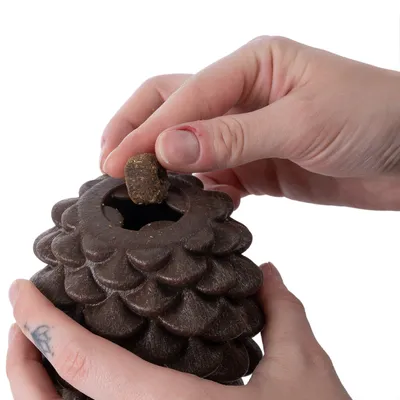 Hand places a treat into a brown toy with a textured surface and an opening at the top.