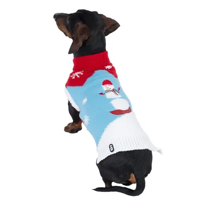 Hund trägt einen Pullover mit Schneemann-Motiv, rotem Kragen und blau-weissem Design. Sichtbar ist ein Label am unteren Rand des Pullovers.