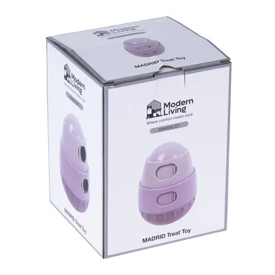 Modern Living Madrid Treat Toy, minimalistisk design i lila. Förpackningen visar produkten och sloganen 'Where comfort meets style'.